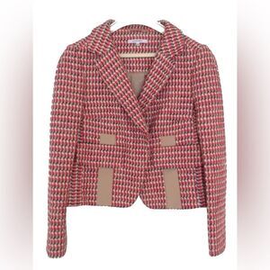 Carven Paris Tweed Blazer – Red & Tan Woven Check, FR 36 Cropped Designer Jacket